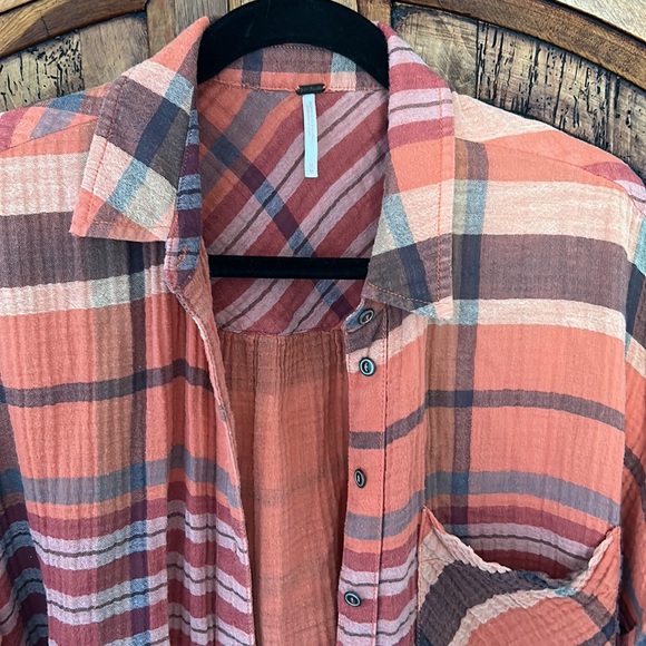 EUC Free People Orange Fall Cotton Plaid Button Down Shirt - Picture 5 of 9